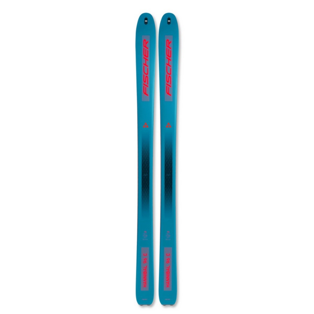 SKI DE RANDONNÉE FISCHER HANNIBAL 96 CARBON vu des skis bleu lettré orange du dessus