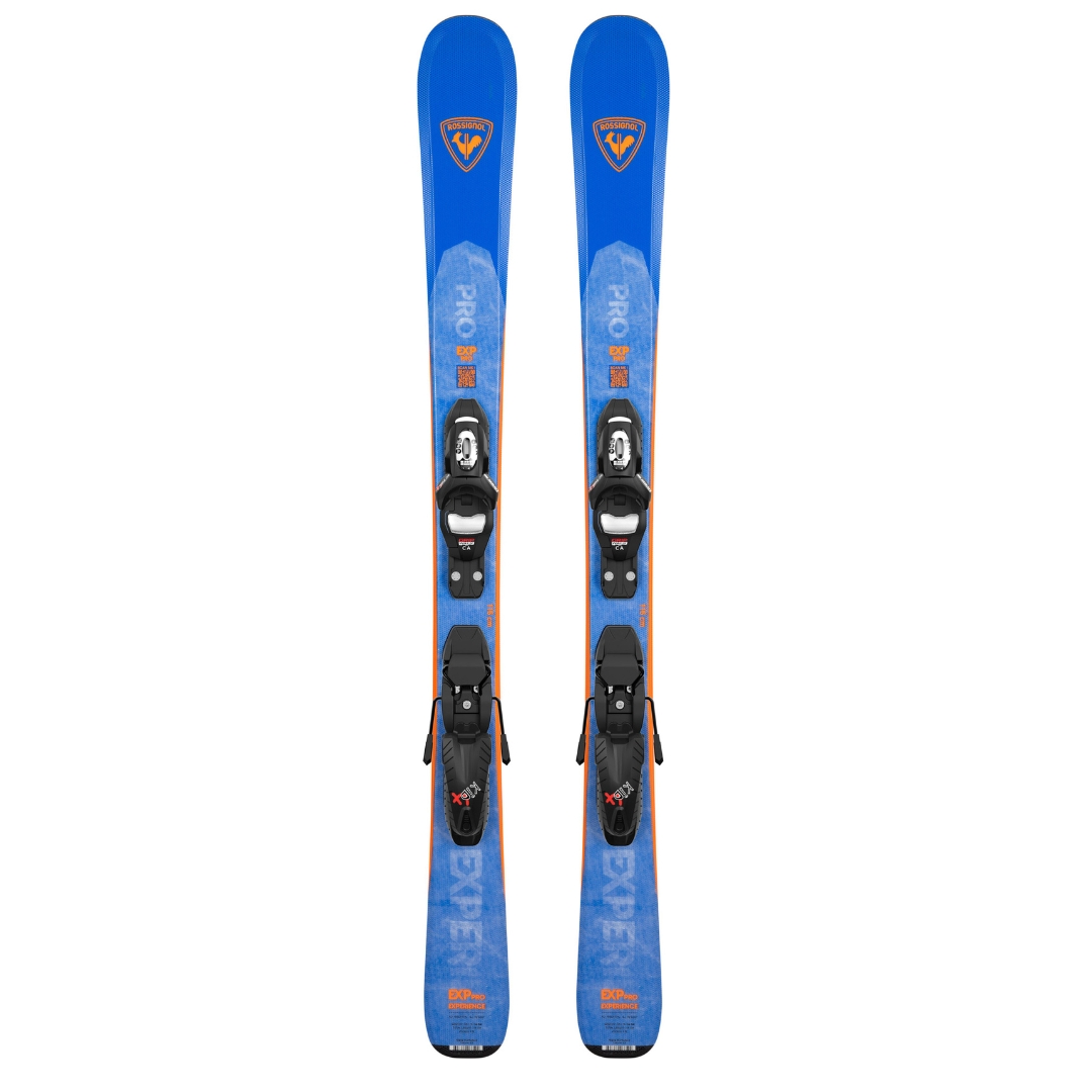 SKI ALPIN ROSSIGNOL EXPERIENCE PRO KID4 POUR ENFANT vu des skis bleus avec détails orange du dessus
