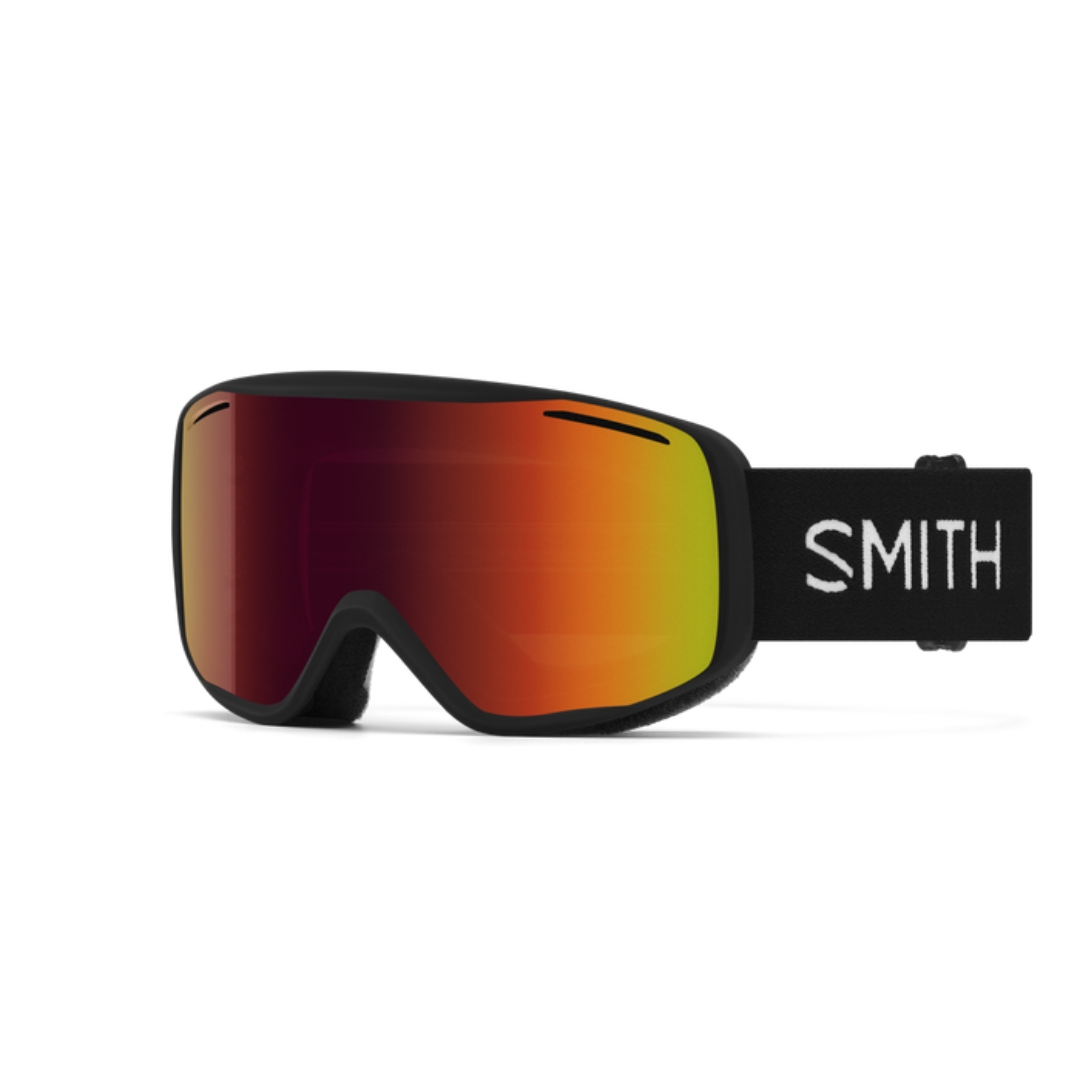 LUNETTE DE SKI ALPIN SMITH OPTICS RALLY POUR ADULTE couleur BLACK/RED SOL-X MIRROR vue de la lunette noire avec lentille rouge dégradée jaune miroir avec bande élastique noire lettrée blanche de profil avant gauche