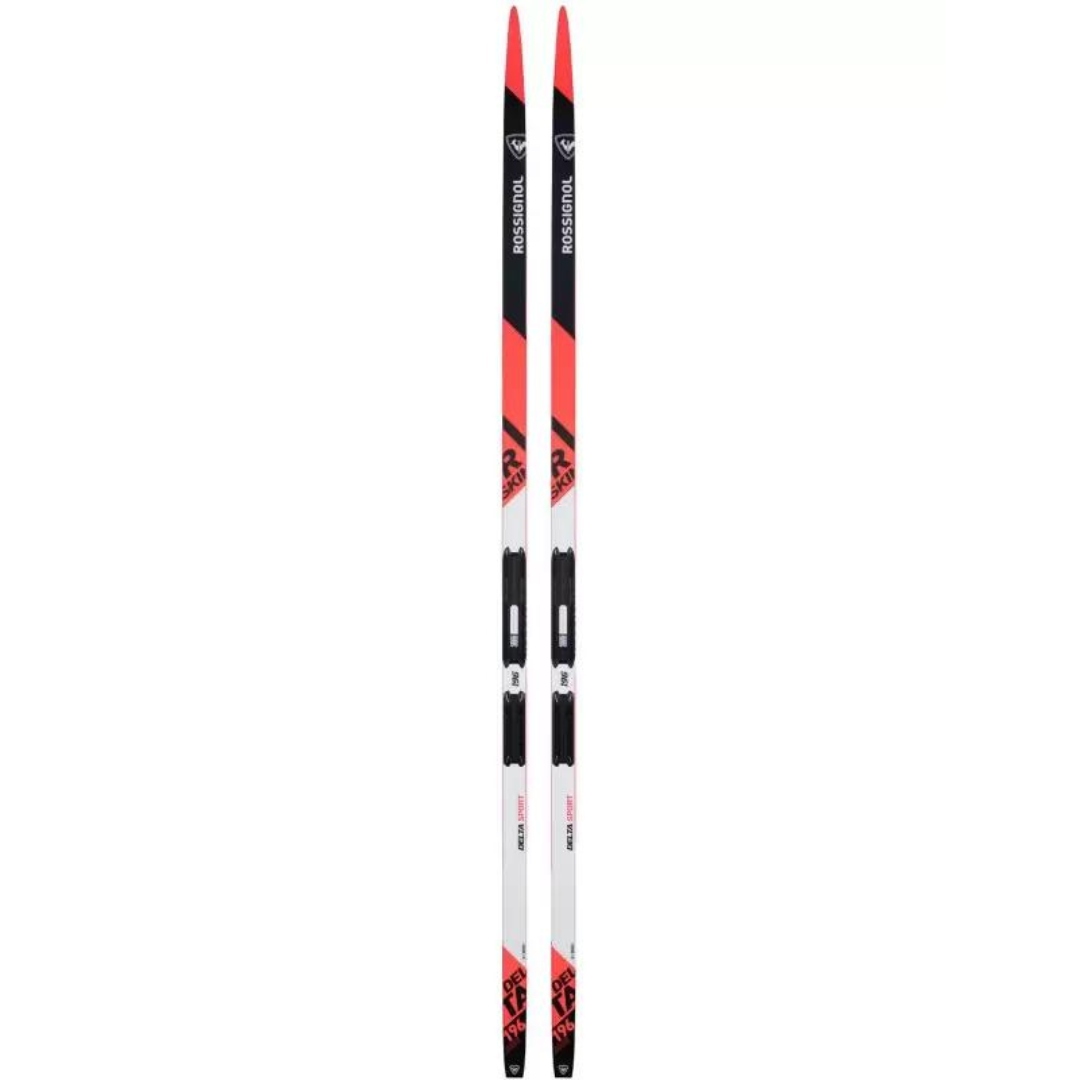 SKI DE FOND CLASSIQUE ROSSIGNOL DELTA SPORT SKATING vu du desssu des ski blanc, noir et rouge flash