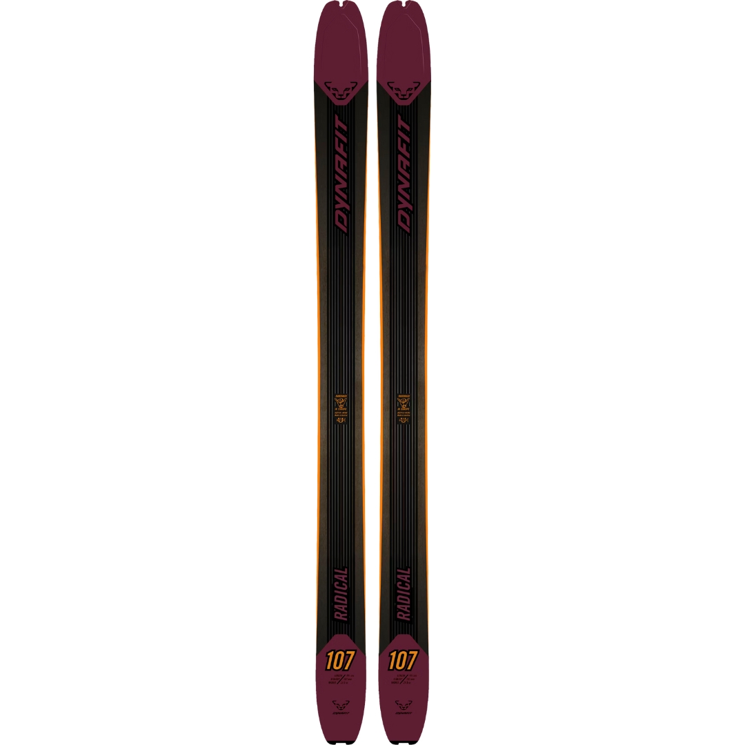 SKI HAUTE ROUTE DYNAFIT RADICAL 107 UNISEXE couleur 6560-BURGUNDY vu des skis noir et rouge vin du dessus