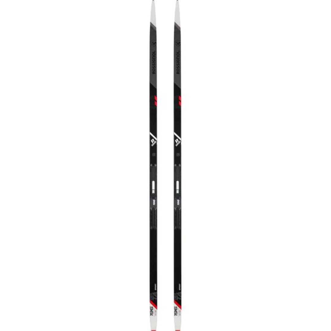 SKI DE FOND CLASSIQUE ROSSIGNOL DELTA SPORT R-SKIN STIFF vu du dessus des ski noir, gris blanc et rouge