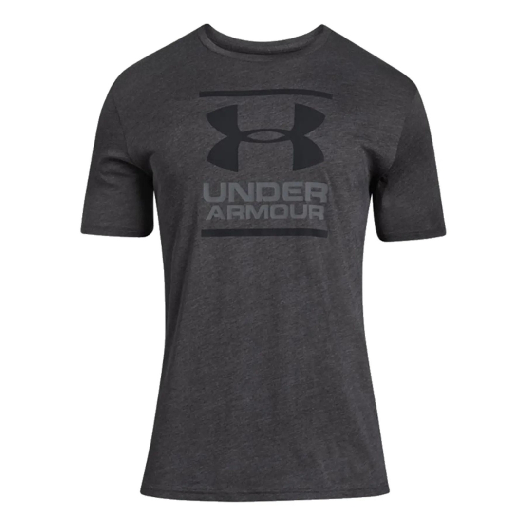 T-SHIRT UNDER ARMOUR UA GL FOUNDATION POUR HOMME COULEUR 019-CHARCOAL MEDIUM HEATHER VU DE FACE LOGO ET NOM UNDER ARMOUR IMPRIMÉ EN FORMAT GÉANT AU DEVANT COL ROND CHANDAIL GRIS BRUN FONCÉ