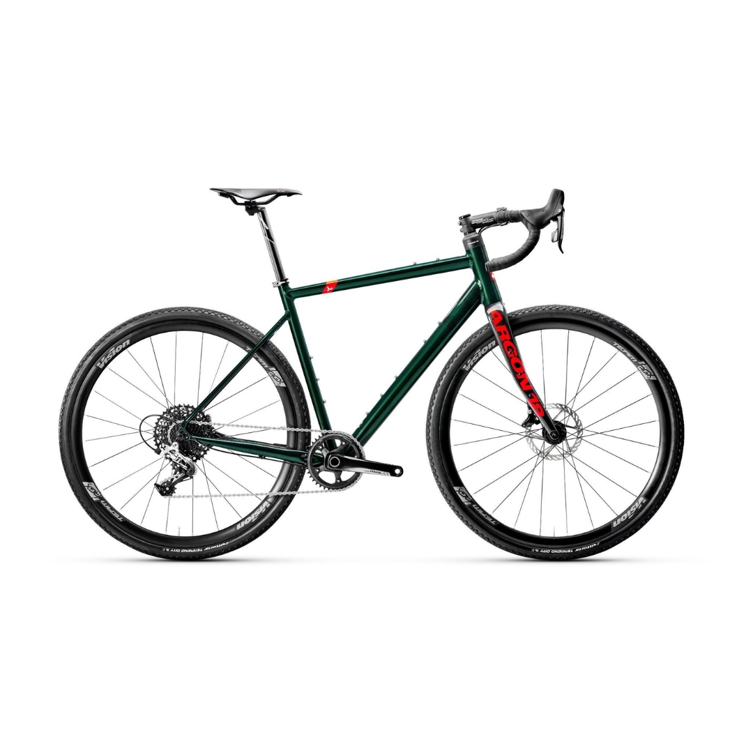 VÉLO DE GRAVEL ARGON 18 GREY MATTER SRAM APEX 1 couleur toundra green vu du vélo vert foret lettré rouge de profil droit