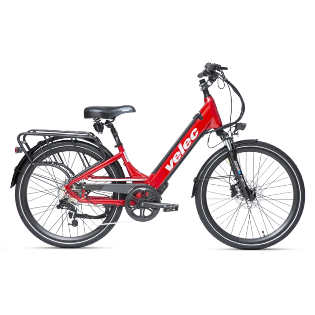 VÉLO ÉLECTRIQUE URBAIN VELEC R48  couleur rouge vu du vélo rouge et noir de profil droit