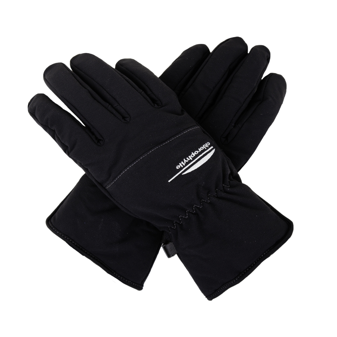 GANT DE SKI ALPIN CHLOROPHYLLE APEX POUR FEMME couleur noir pur vu des gants noirs lettrés blanc un du dessus et l'autre du dessous