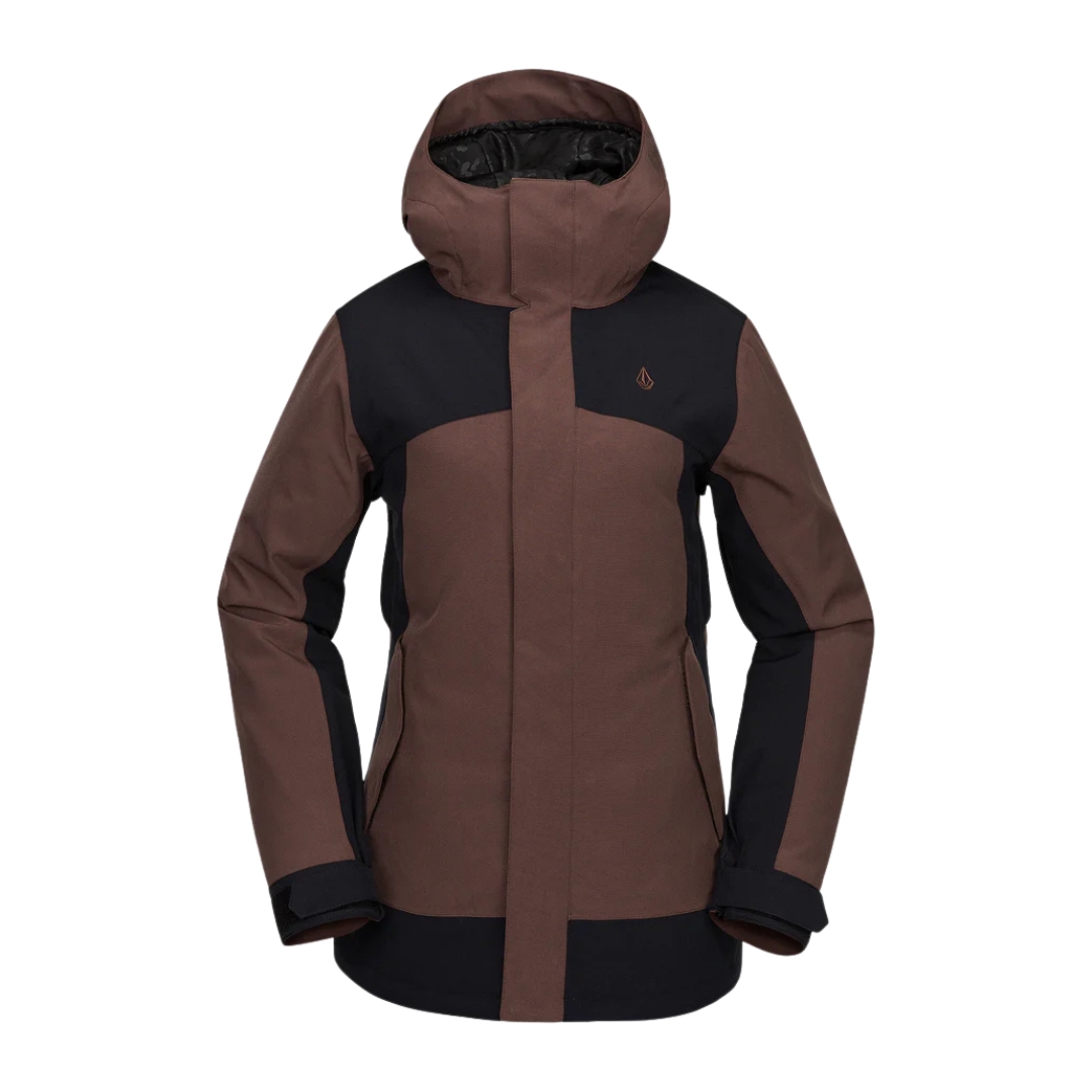 Veste d'hiver à capuche marron et noire avec fermeture éclair sur le devant et col montant, conçue pour le temps froid. Elle présente un design élégant avec des sections en blocs de couleurs et un petit emblème sur la poitrine gauche.